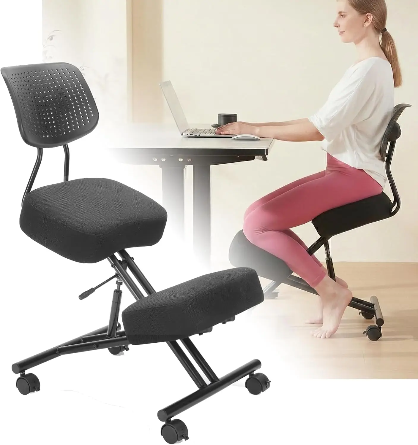 Ergonomic Kneeling Chair With Backrest, Adjustable Linen Home Office Chair, Posture Correcting Desk Stool, Lockable Rolling Wheels, Thick Padded Seat Cushion, Modern Work Chair