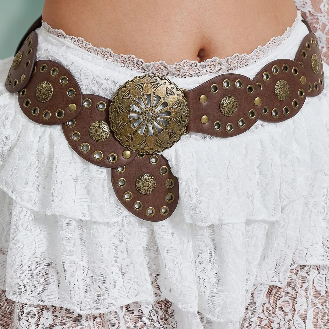 New design retro western cowboy belt personality round hollow metal wide belt for women