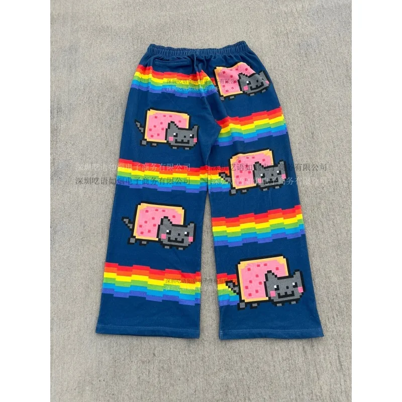 نيان كات بكسل طباعة السراويل الرجال 2025 جديد المتضخم فضفاض الشارع الشهير قوس قزح نمط بناطيل كاجوال Harajuku موضة مريحة