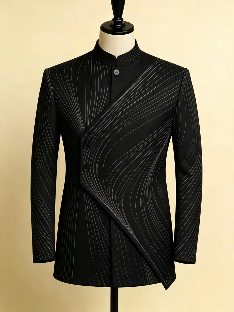 Mens Black Curved Line Pattern Single Jacket Slim Mandarin Collar New Chinese Style Daily Business Outerwear