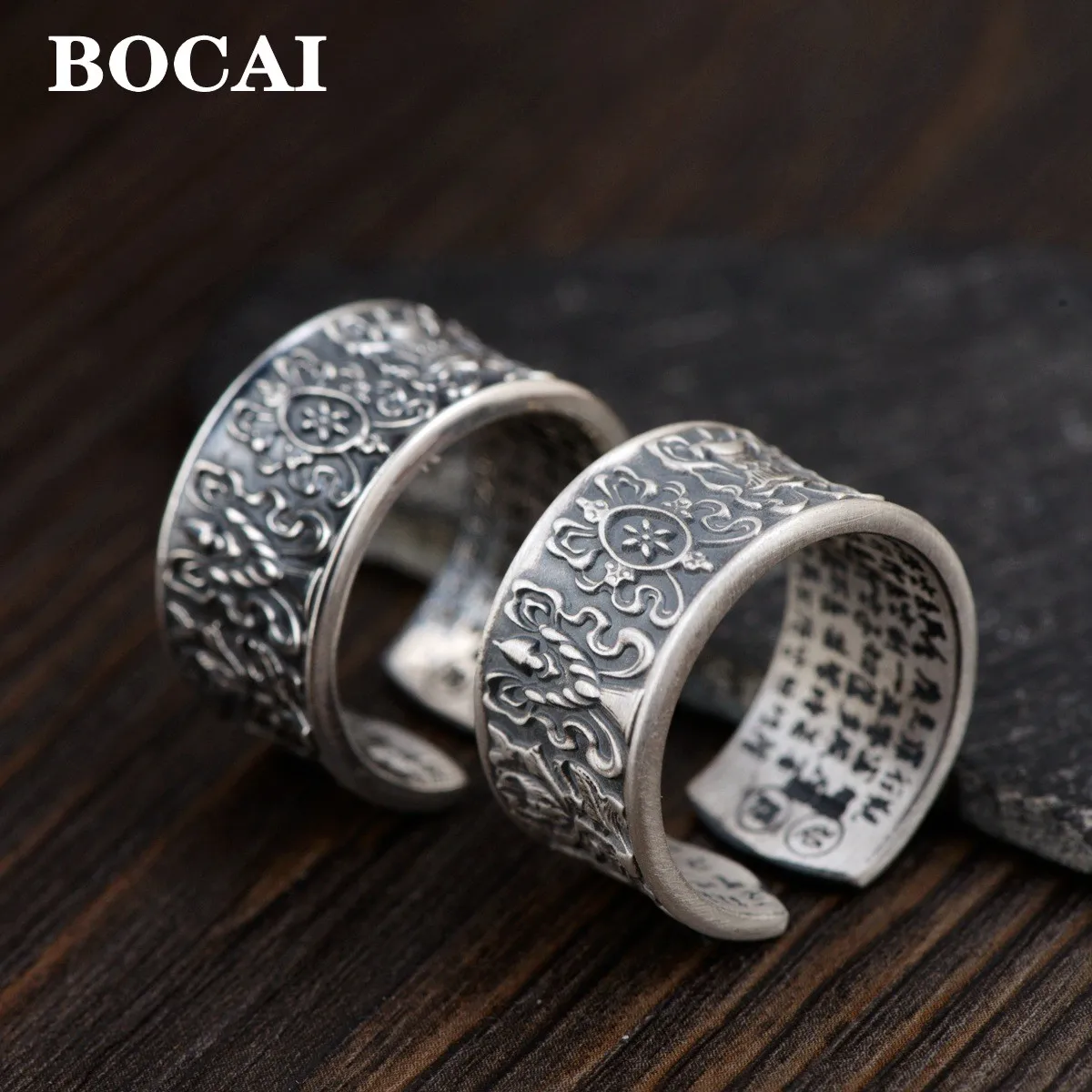 

Новинка, серебряные ювелирные изделия BOCAI S990, аксессуары, оптовая продажа, Винтажное кольцо с сутрой в форме сердца и восьми сокровищ для мужчин и женщин