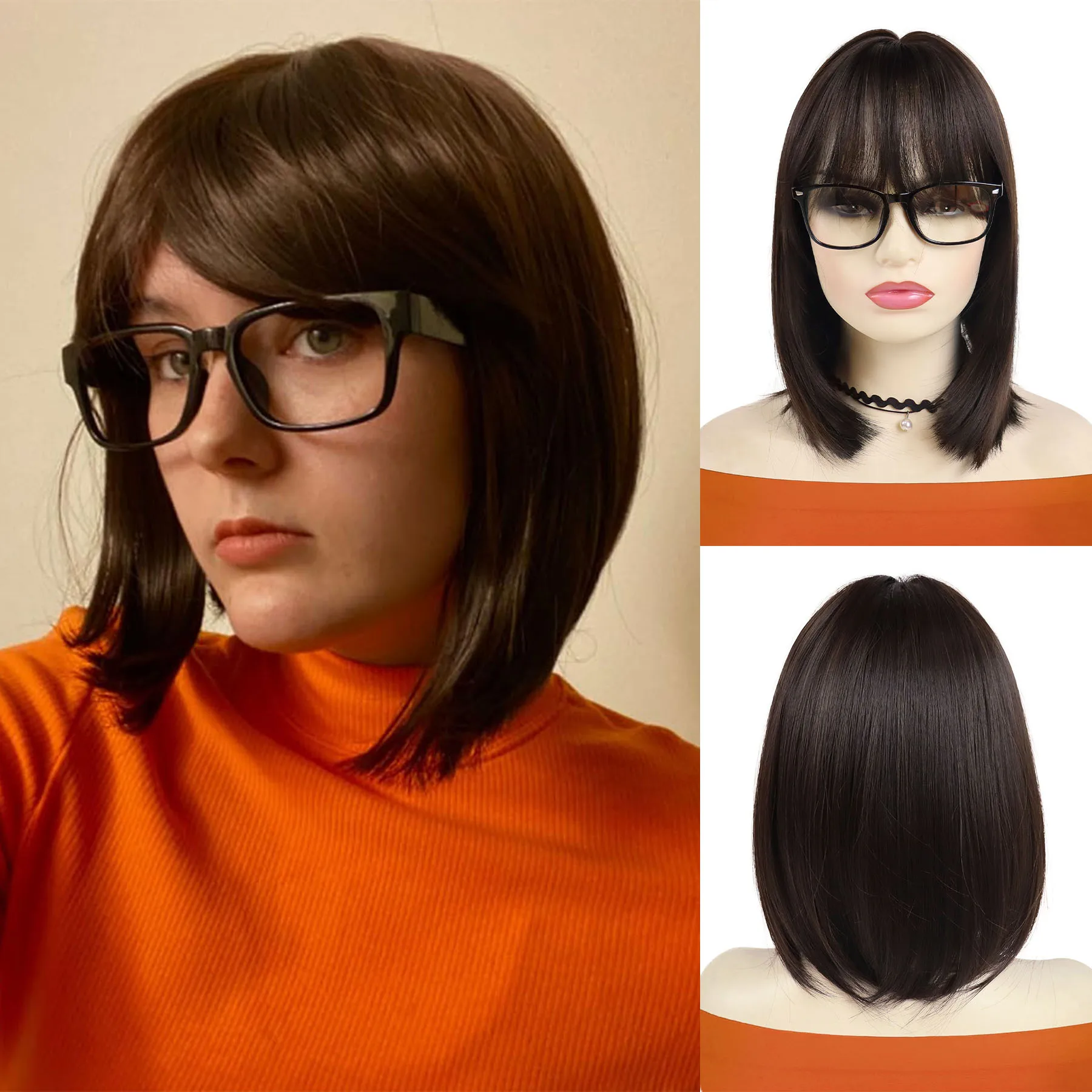 

Synthetic Brown Bob Wig Velma Wigs Glasses Velma for Adult Women Velma Cosplay Flapper Wig With Bangs Compatible with Dora Wigs