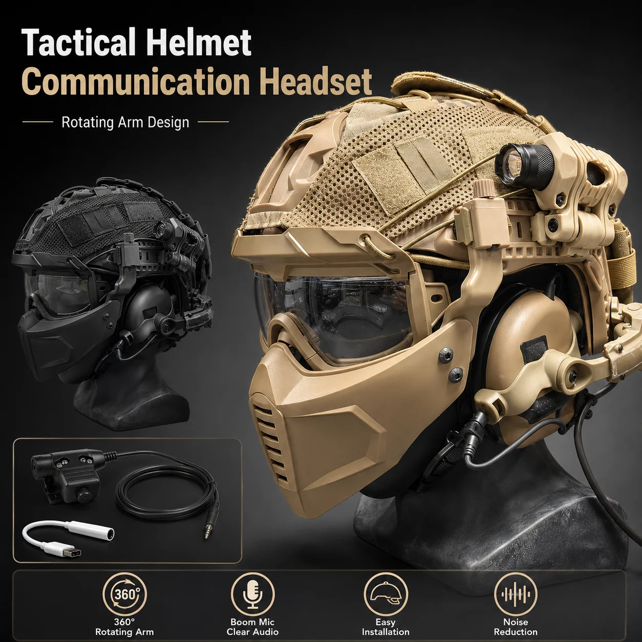 Tactical Helmet Full Set with Communication Headset Goggle Face Guard Rail Accessories for Outdoor Training for Airsoft Cos Game