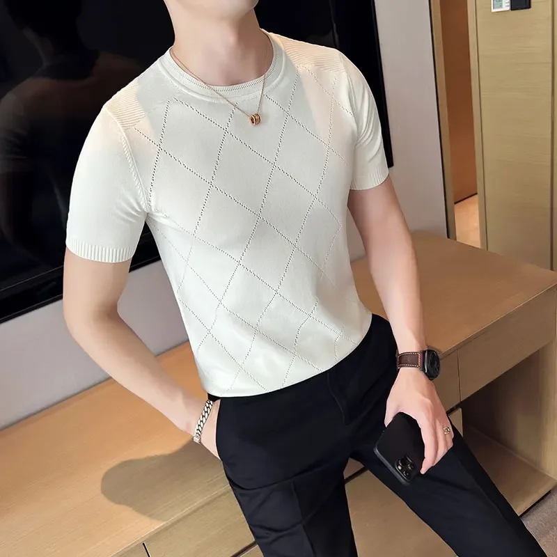 New Ice Silk Cool Breathable Hollowed Out Knitted Crewneck Short Sleeve T-shirt Men's Slim Stretch Elastic Diamond T-shirt White