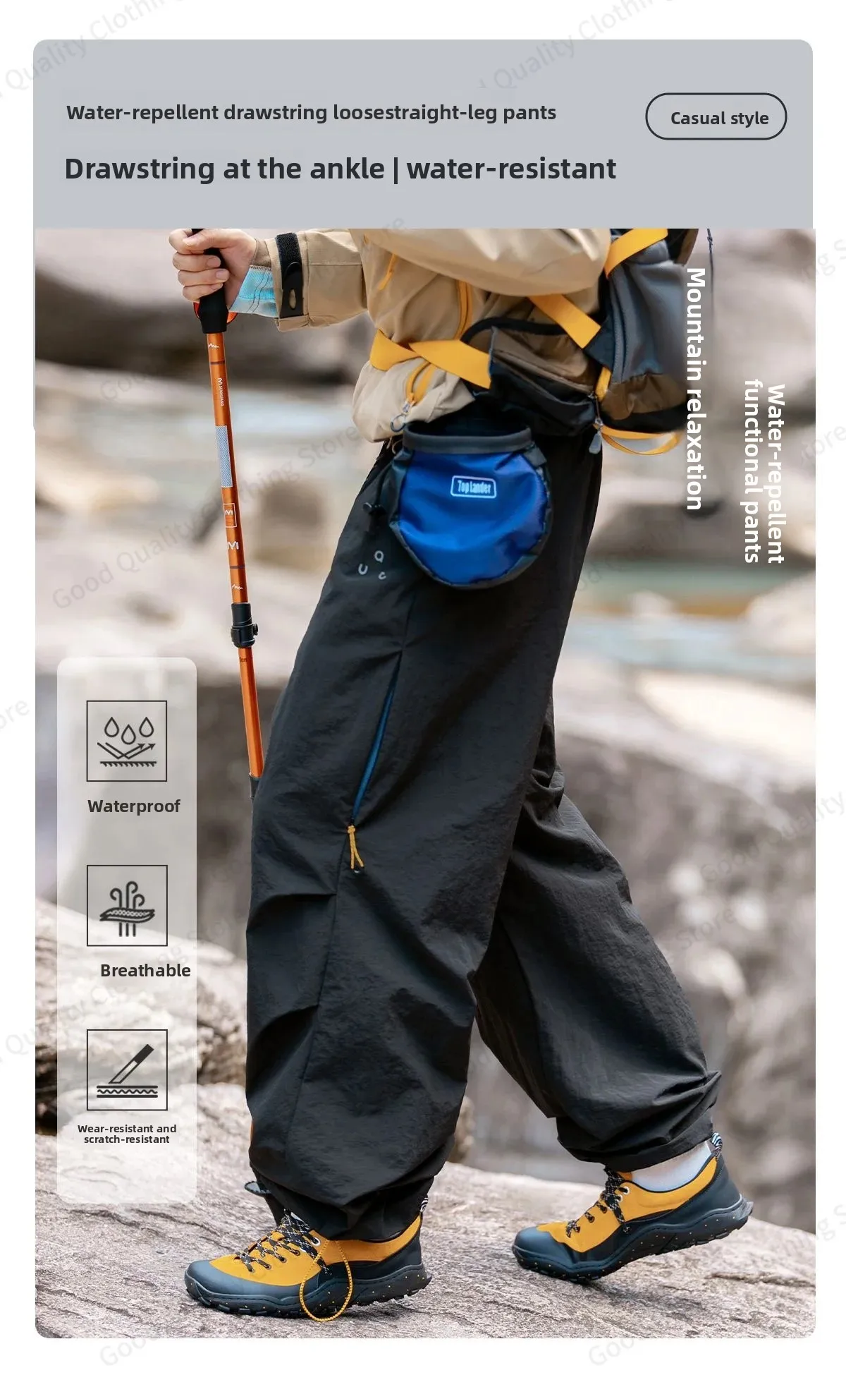 Arbeitsfreudige, wasserabweisende Outdoor-Overalls für Herren, Herbst, lange Hosen mit Schlitz und Falten, Kontrastfarben, Reißverschluss, Sport- und Freizeithose – Detail 2