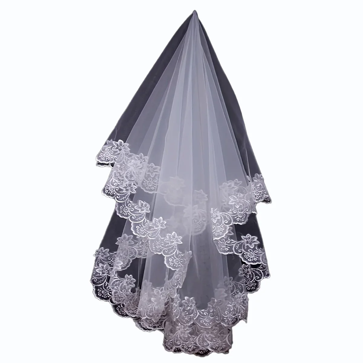 Voile de mariage court pour femme, blanc, une couche, dentelle, appliques de bord de fleur