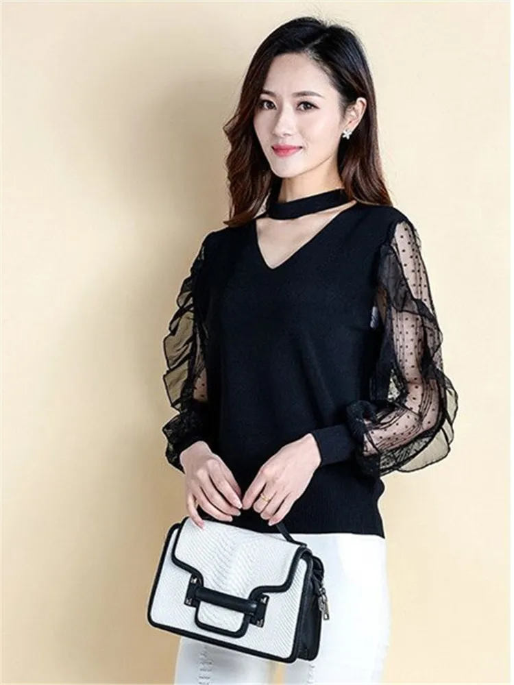 Sweet Hollow Out Princess Sleeve Beading Gauze Lace Blouses Female Clothing Spring Autumn Loose Korean Tops All-match Shirts