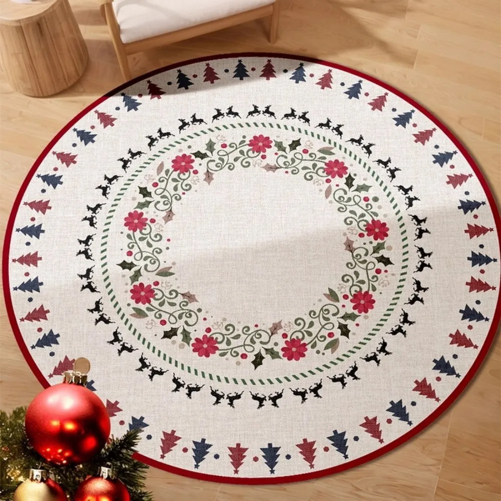 

Christmas Round Rug – Reindeer & Tree Floral Vine Holiday Decor for Living Room & Bedroom