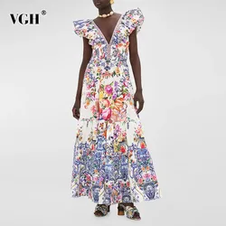 VGH Hit Color Printing Patchwork Diamonds Dress For Women V Neck Short Sleeve High Waist Spliced Lace Up Long Dresses Female New