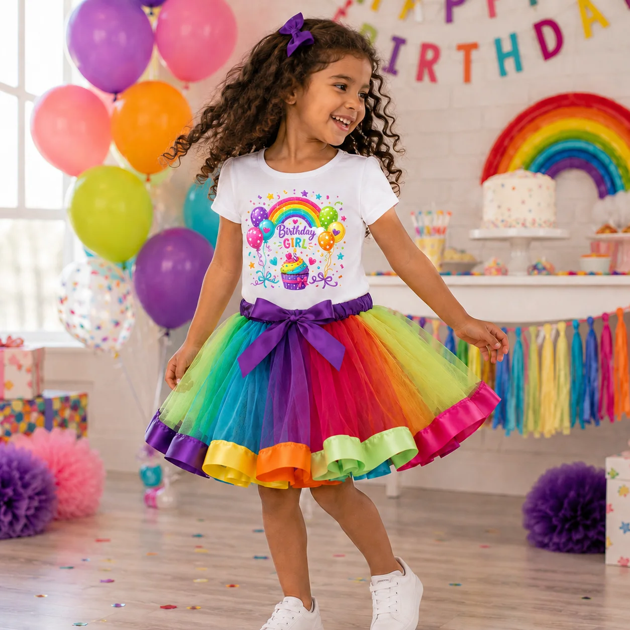 Regenbogen-Tutu-Kleid für Geburtstagsmädchen für Kinder von 2–8 Jahren, kurzärmliges T-Shirt-Oberteil + buntes Tüllrock-Set, Geburtstags-Set mit Cupcake-Aufdruck – Detail 2