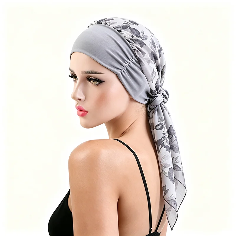 New Trendy Print Womens Elastic Pre-Tied Hijab Turban Cap Muslim Cancer Chemo Flower Print Hat Cover Hair Loss Head Scarf Wrap view 4