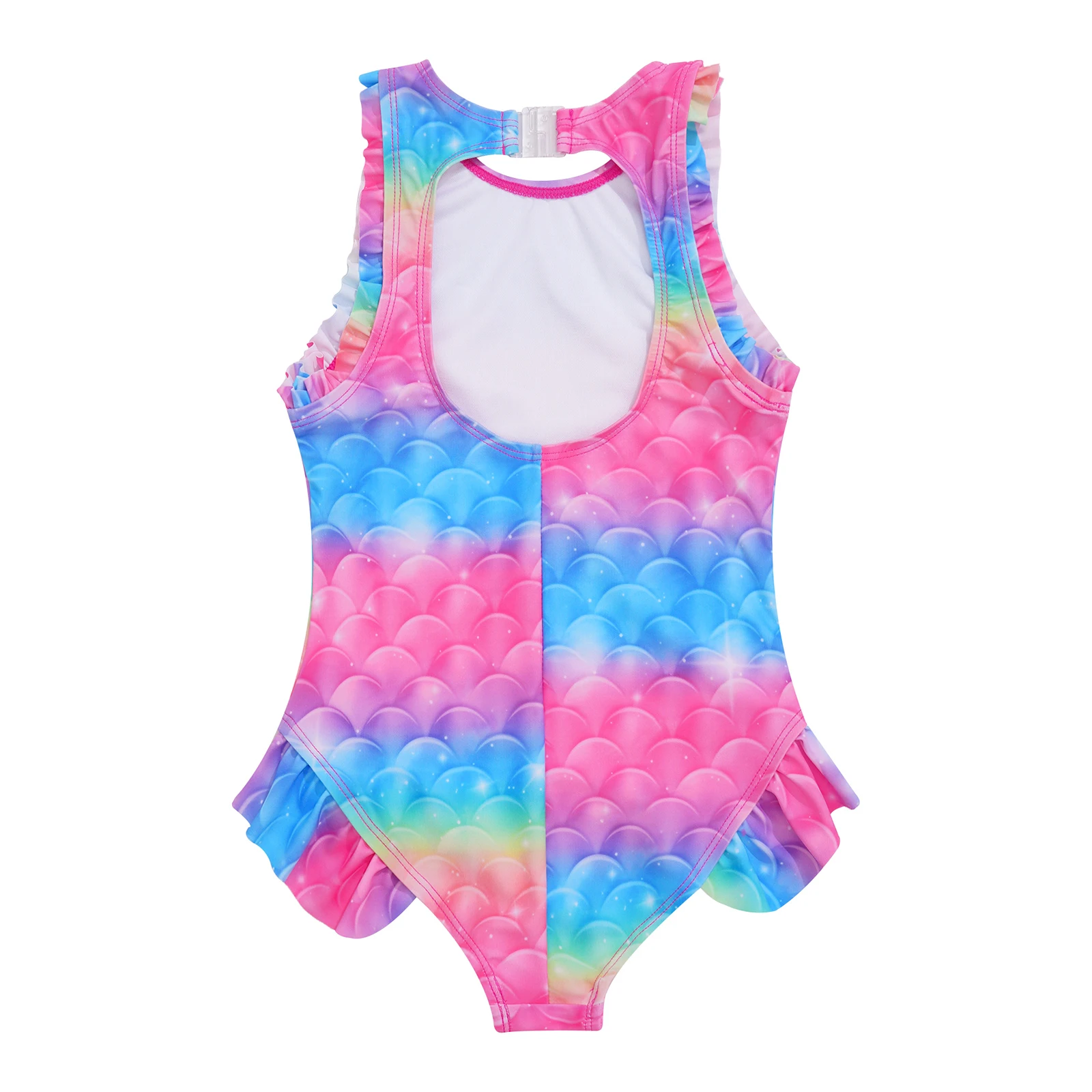 Kids Girls Swimsuit Sleeveless Open Back Fish Scales Print Ruffle Flounce Jumpsuit Mermaid Bathing Pool Beach Athletic Swimwear