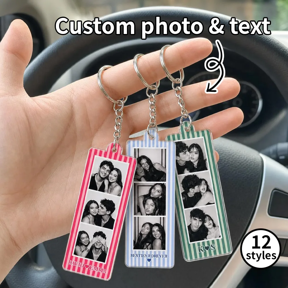 Personalized Acrylic Photo Keychain, Custom 3 Picture Photo Booth Key Ring, Custom Name Date, Anniversary Couple Gift, 12 Styles