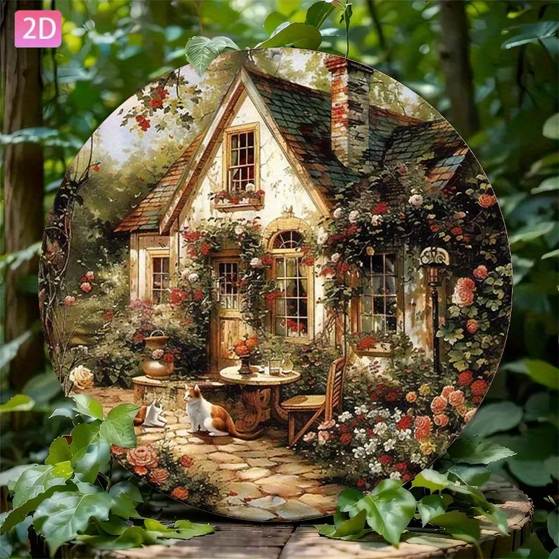 Charming Rural Cabin Scene with Cat and Vintage Flowers - 8x8 Inches (20x20cm) Aluminum Plate for Kitchen, Bar, Bedroom, Outdoor