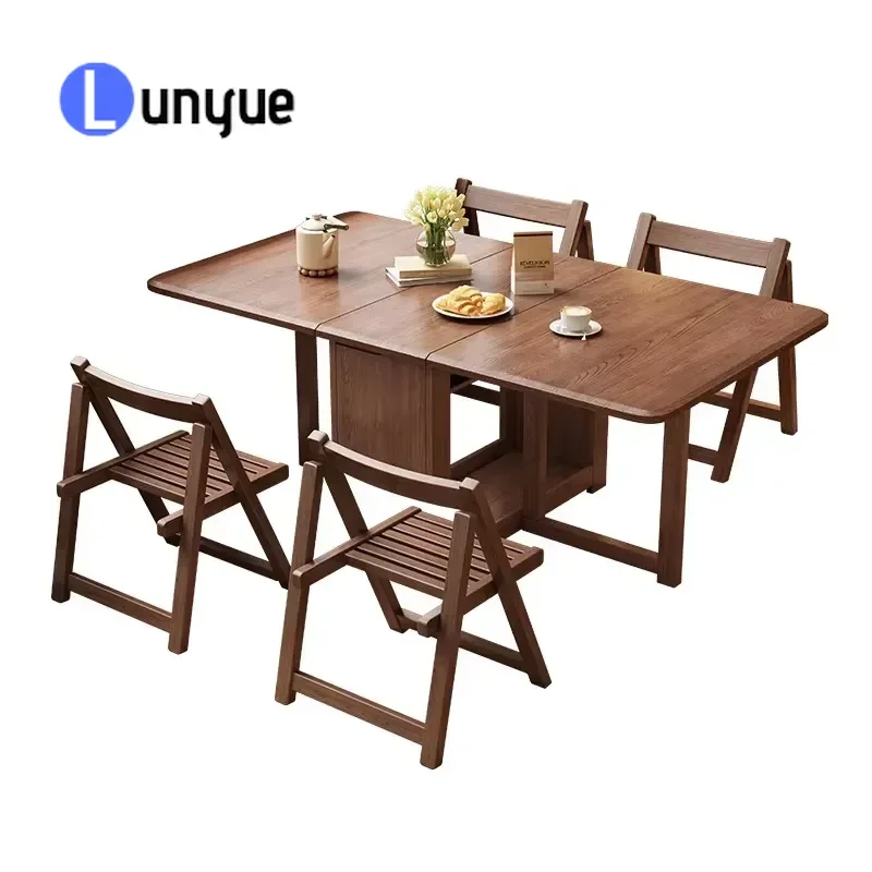 Modern Solid Wood Rectangle Dining Table Set with 4 Foldable Retractable Chairs Convertible Casual Home Furniture Space