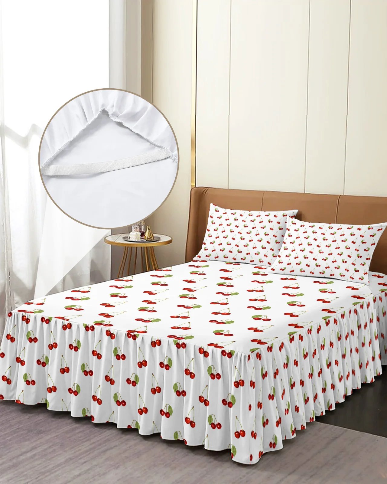 Cherry Fruit Retro Bed Skirt Elastic Fitted Bedspread With Pillowcases Bed Protector Mattress Cover Bedding Set Bed Sheet