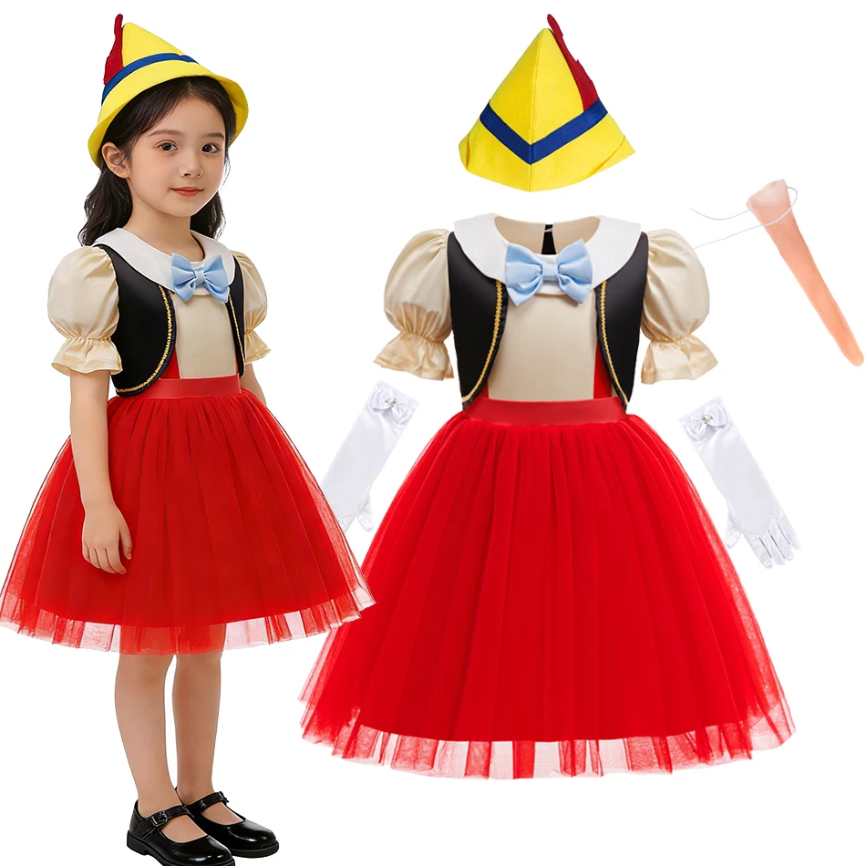 Disfraz de Princesa Pinocchio para Niñas, Traje Clásico de Personaje de Cuento con Sombrero, Lazo, Guantes y Nariz Larga para Disfraz de Halloween