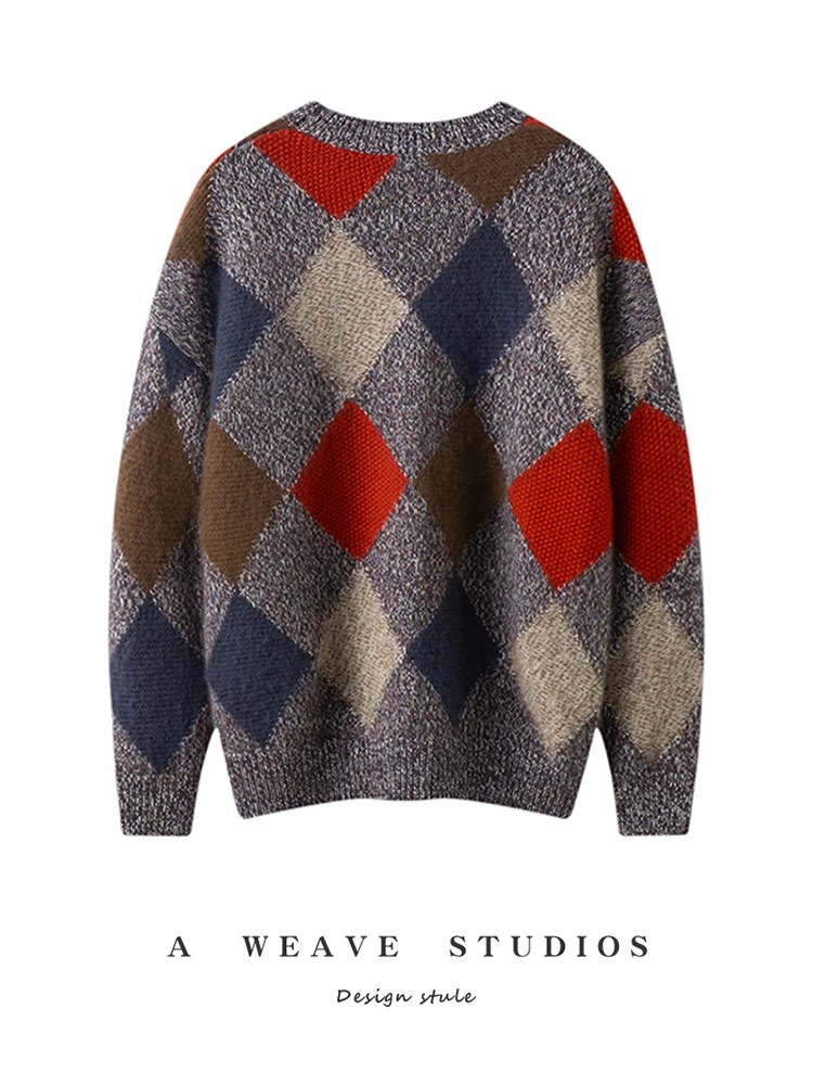 Addonee outono inverno feminino 100% camisola de caxemira argyle jacquard estilo preppy o-pescoço pulôver grosso macio malhas de caxemira
