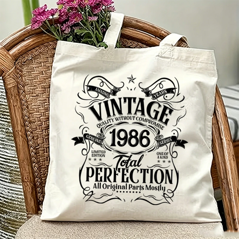 

VINTAGE 1986 Total PERFECTION Print Canvas Tote Bag 1980 To 1989 Year Theme Series Women Men 40th Birthday Gift Shoulder Handbag