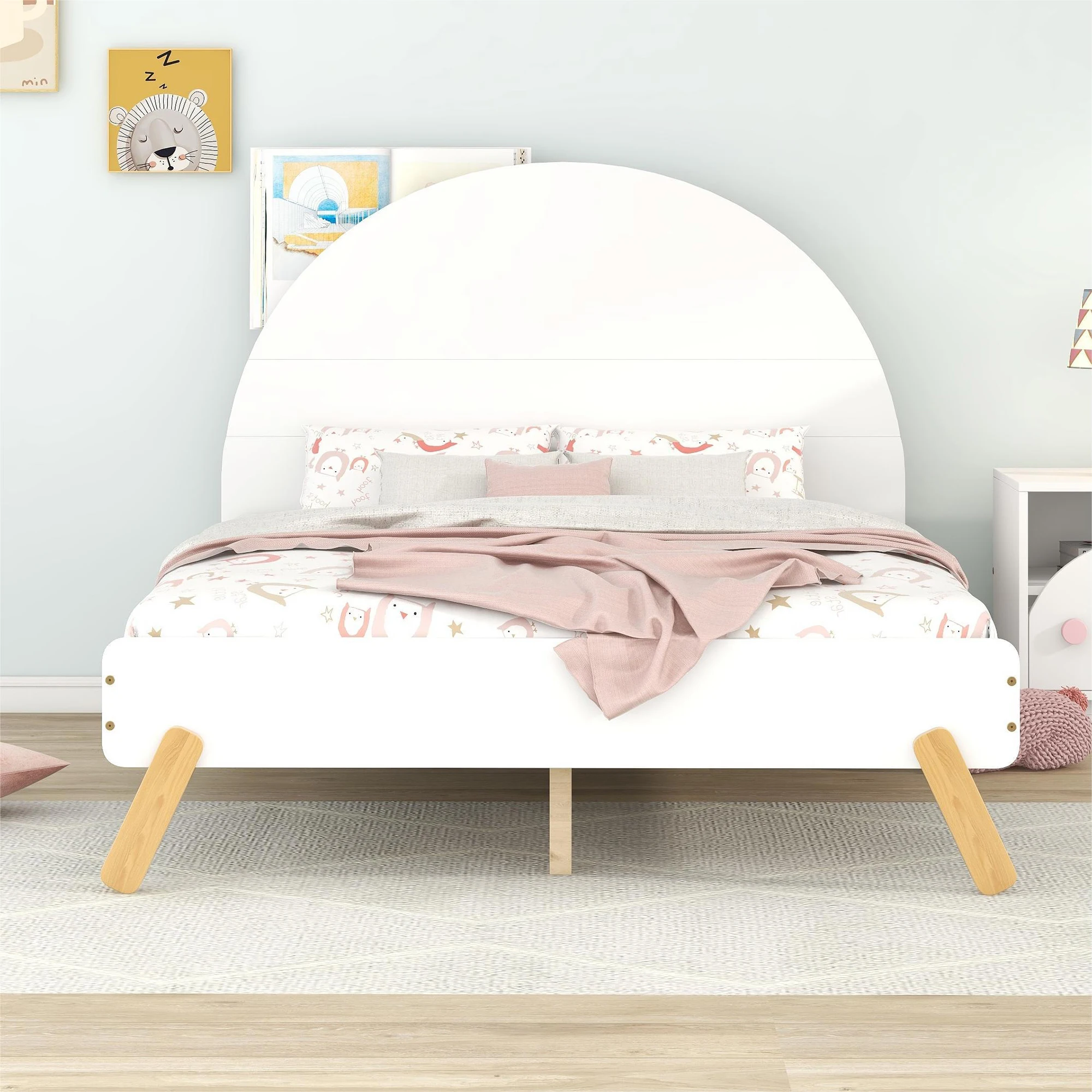 [Flash Sale]Full/Twin Size Wooden Cute Platform Bed With Curved Headboard White Bed Frame With Shelf Behind[US-W]