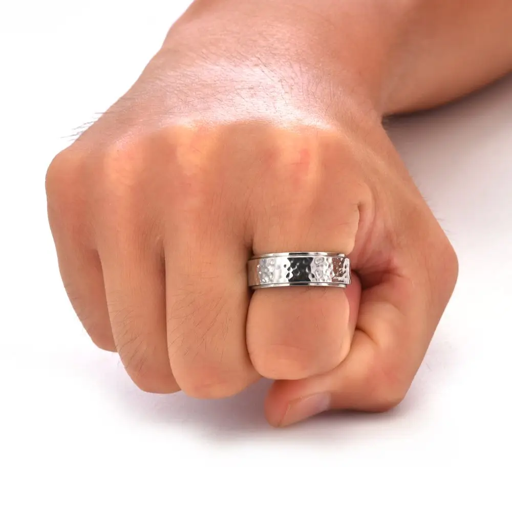 Hammered Moonpits Spinner Ring Irregular Patterns Rotating Meteorite Ring Anti-Stress Reducing Pressure Stainless Steel Ring