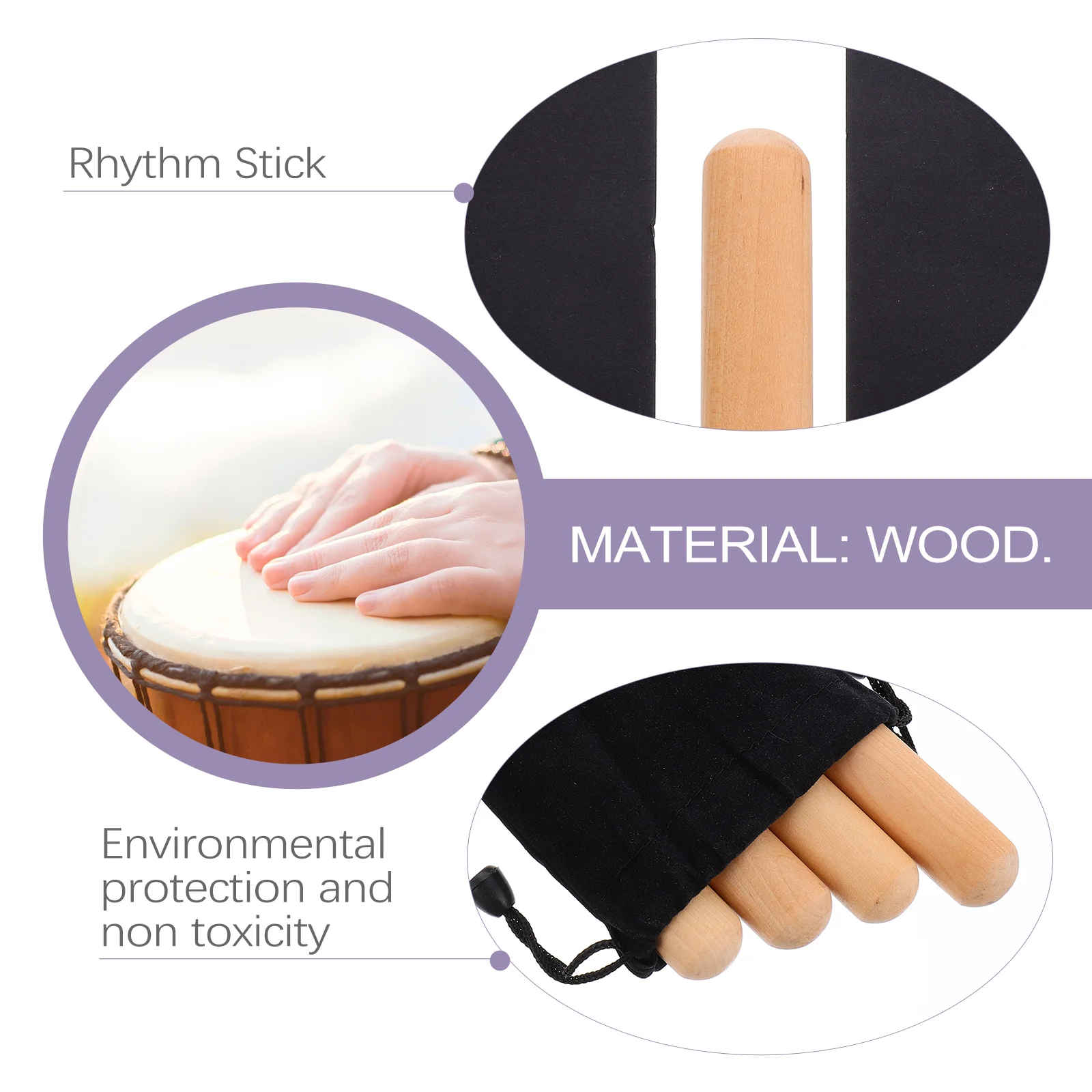 2 Pairs Rhythm Stick Natural Hardwood Sticks with Carry Bag Classical Claves Percussion Instrument Toddler