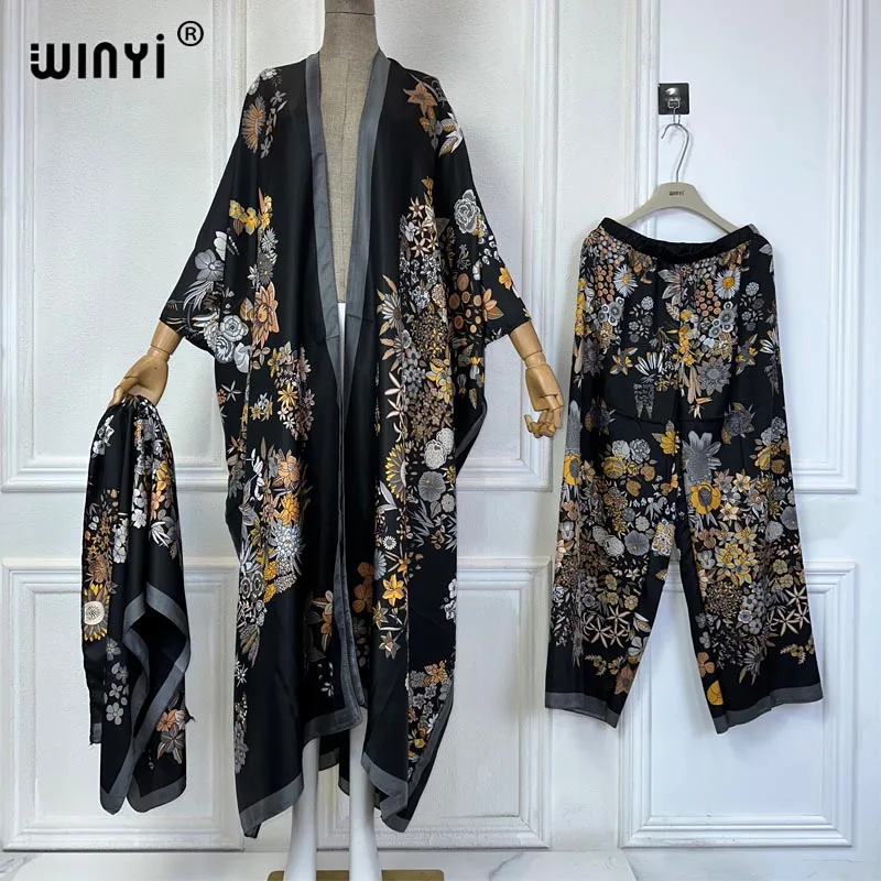 WINYI Middle East print kimonos 2 piece sets women outfit Long Cardigan And Wide Leg Pant Sets Pants Suits holiday beach cover u