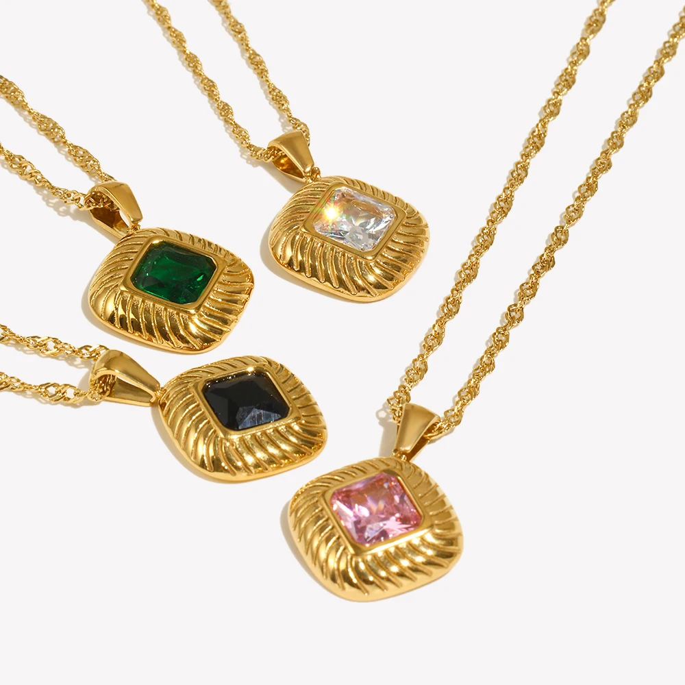 E.B.belle Winter Autumn Fashion Square Texture Zircon Pendant Necklace Green Black White Pink Vintage Stainless Steel Necklace