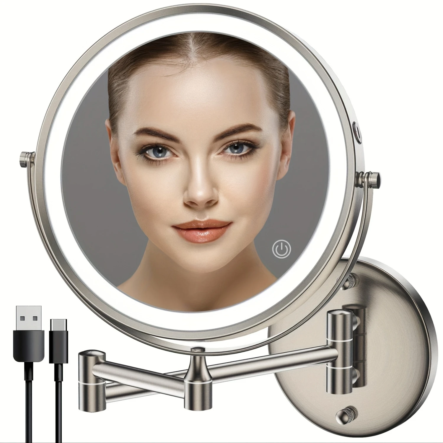 Extendable Rechargeable Lighted Makeup Vanity Mirror with Dimmable 3 Color Lights, 8 Inch LED Double Sided 1X/10X Magnifying Swi