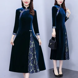Improved Cheongsam Dress For Women Spring Autumn New Middle-aged Mother Golden Velvet Dresses High End Elegant Party Dress 5XL