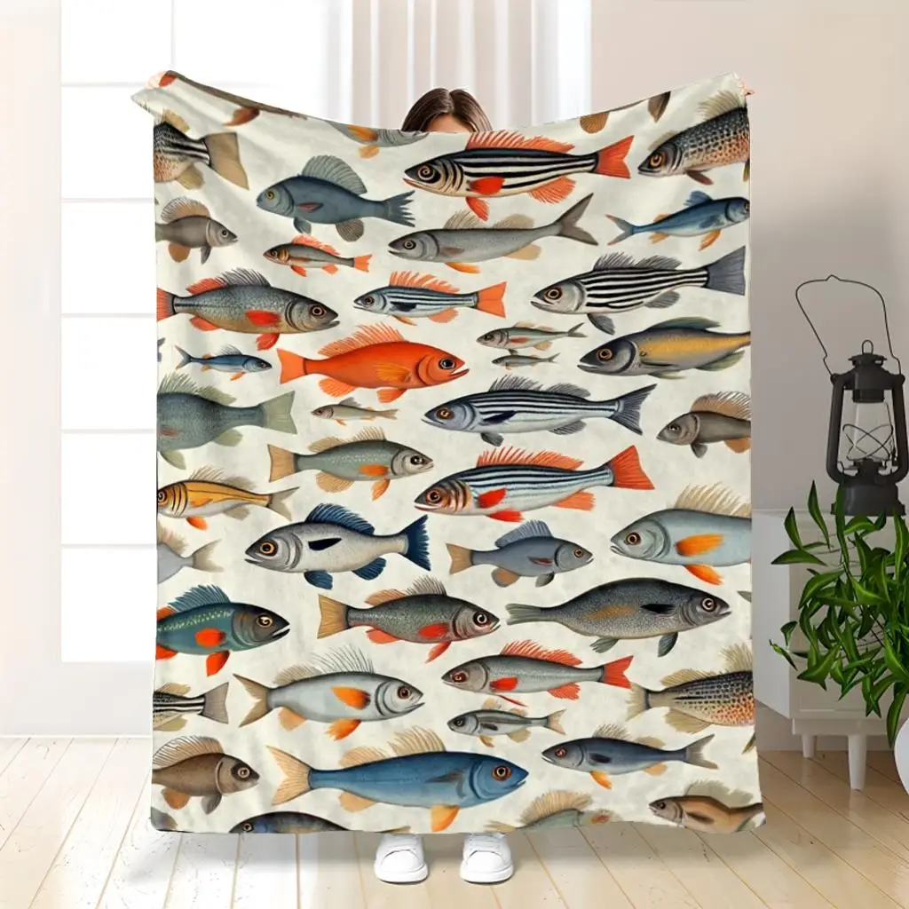[ In Stock] Animal Theme Fish Collection Print Flannel Blanket Soft And Comfortable Perfect Gift for Family And Friends Suitable