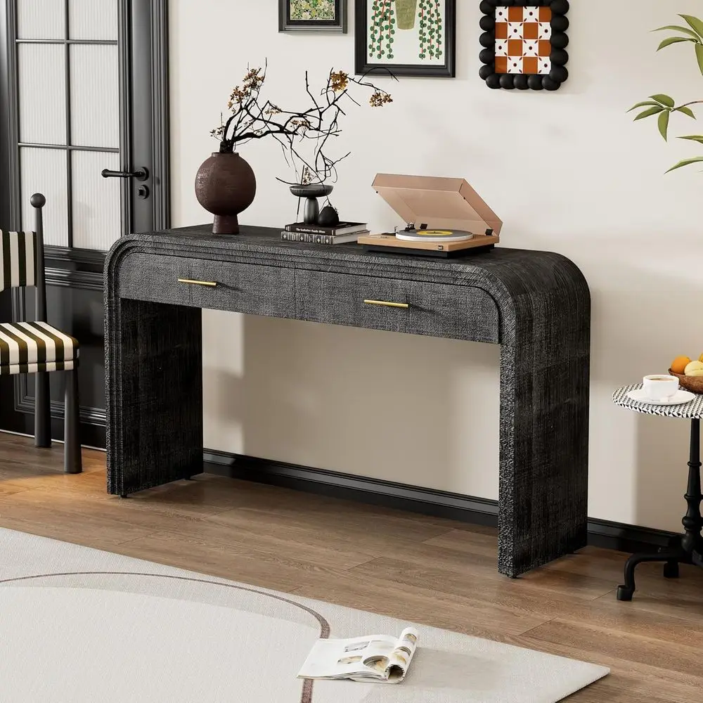 

Elegant Wooden Sofa Table with 2 Drawers and Gold Handles, Suitable for Hallway, Living Room, Dining Room, and Entryway, Antique