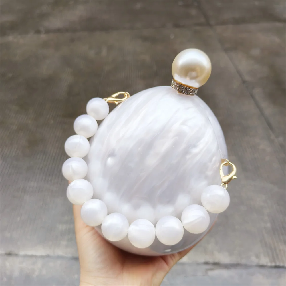 Lady Mini Manufacturer Custom Designer Travel Bag For Women Luxury Pearl White Bead Handle Oval Acrylic Evening Party Handbags