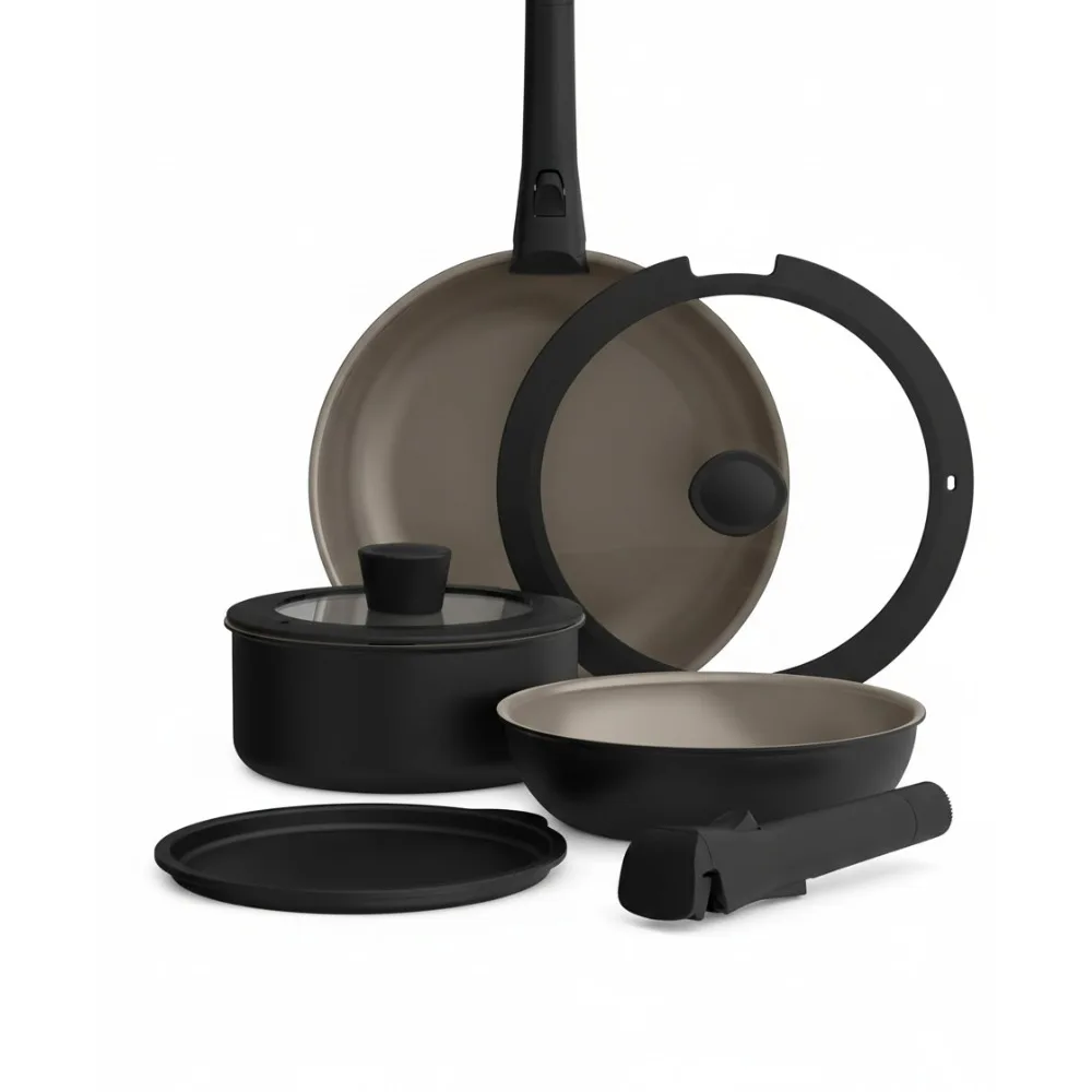 

Набор посуды с антипригарным покрытием из 8 предметов со съемными ручками, можно мыть в духовке и в посудомоечной машине, индукционная совместимость