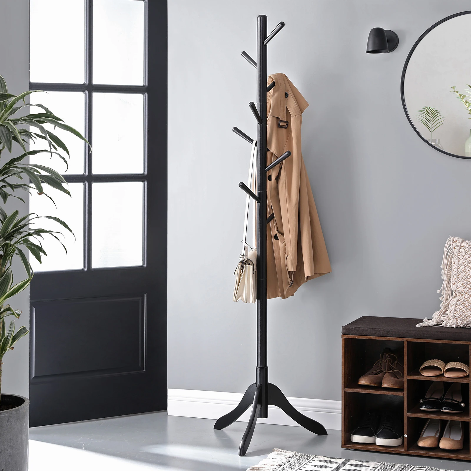 VASAGLE Coat Stand: Solid wood with 8 hooks, 3 adjustable heights for coats, jackets, bags. Ideal for hallway, bedroom. Black.