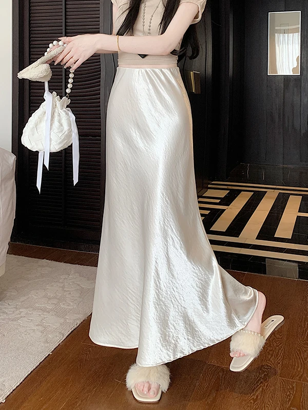 

Acetate Satin High Waist A-Line Skirt Women's Spring Summer Long Skirt Casual Straight Fit Fish Tail Skirt