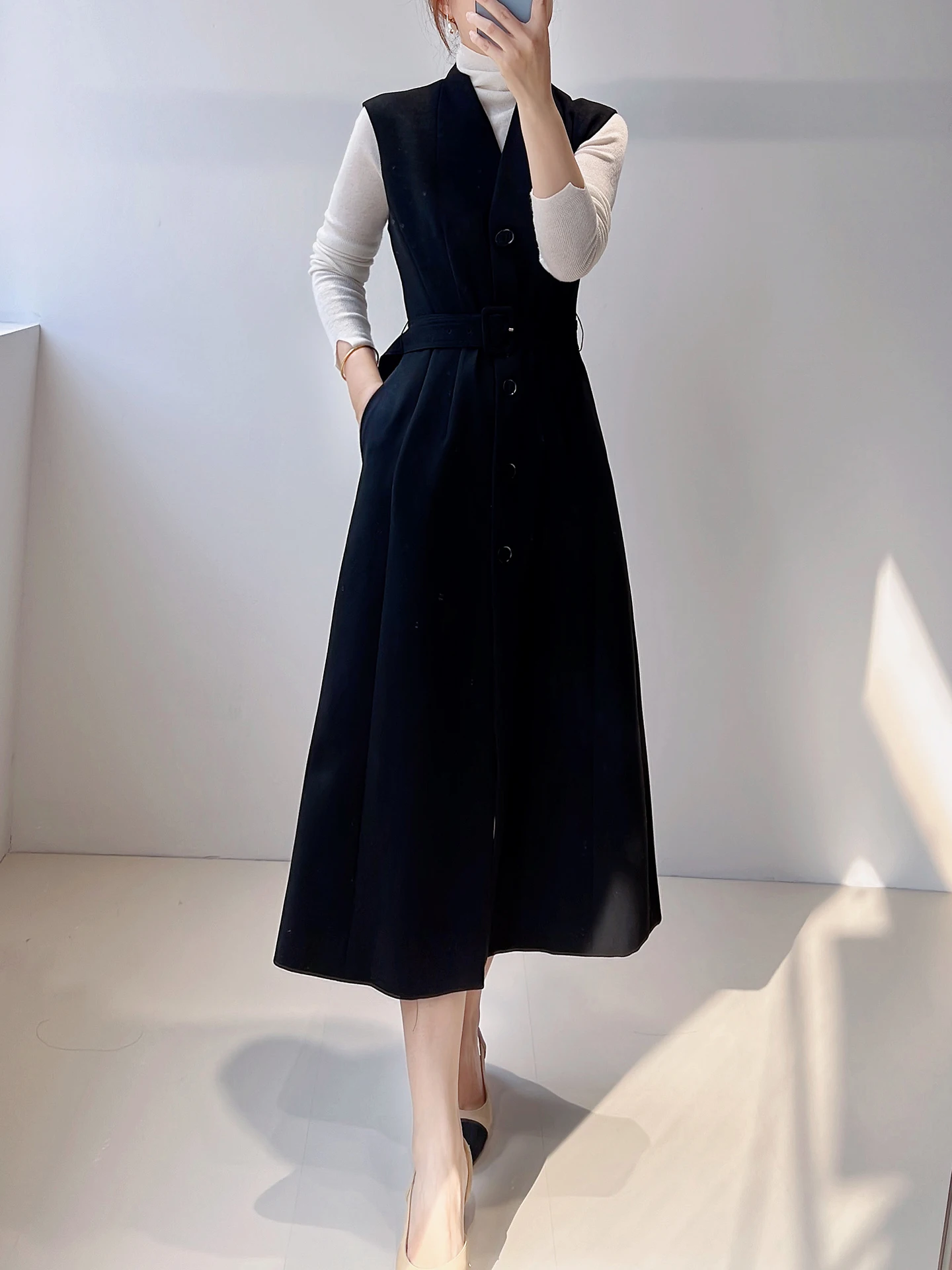 

Early Spring Commute Sle V-Ne Slim Fit Wool Blend A-Line Vest Dr Ladies Workwear Single Button Closure Svel