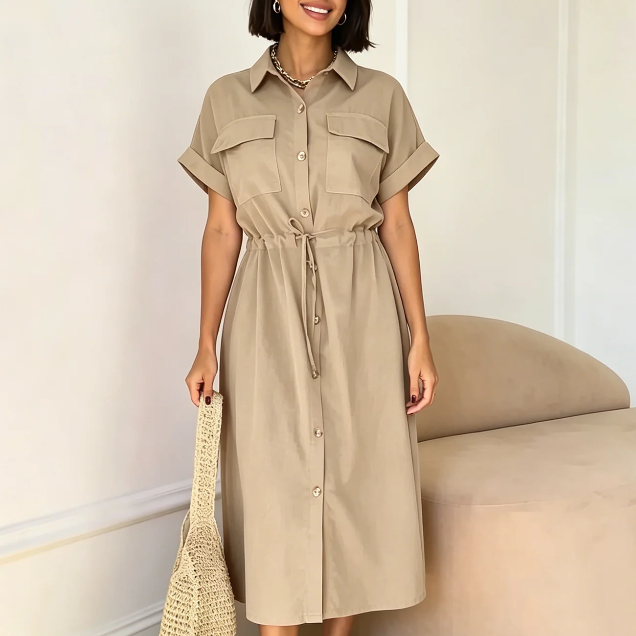 

WXOY Women Relaxed Fit Casual Vacation Summer Shirt Dress Short Sleeve Button Front Drawstring Waist Midi Length