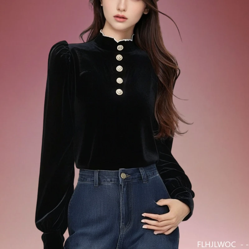Elegante Oberteile aus schwarzem Samt, Blusen, Neujahr, Damen, Herbst und Winter, Basics, langärmelig, französisches Design, Bling-Knopf-Rollkragenpullover