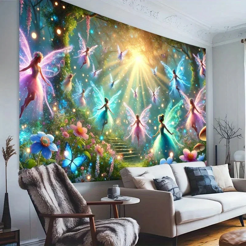 VIKAMA Magical Forest Fairy Tapestry Glowing Elf Butterfly Floral Wall Hanging Fantasy Nature Bedroom Dorm Decor Backdrop