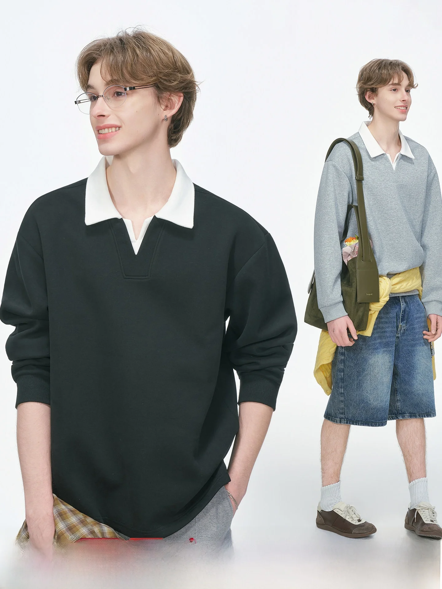 American Style Long Sleeve V-Neck  Shirt Hoodie Men's Spring Autumn Unisex Loose Fit Splice Design Warm Casual Wear
