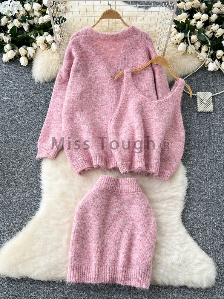 Autumn Fashion Sweet Knitted 3 Piece Set Women Sling Vest+Long Sleeves Cardigan+Sweater Female Skirt Solid Casual Chic Suits New