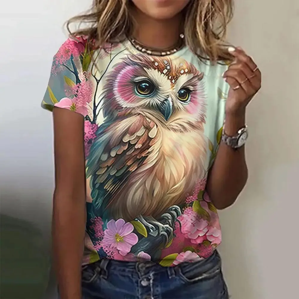 Summer Clothing for Girls Animal Print O-Neck T Shirt Owl Pattern Short Sleeve Baby Boy Clothes Child from 2 to 14 Years Costume image 4