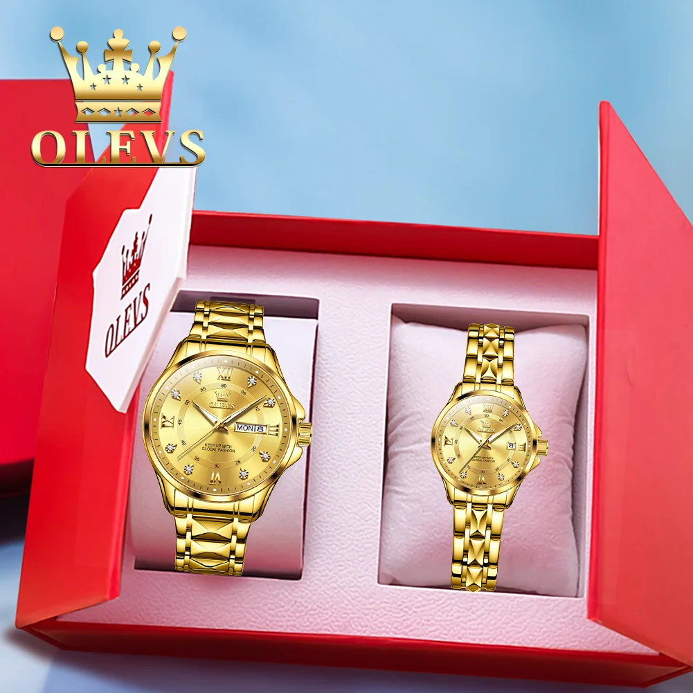 

OLEVS 2906 Quartz Watch for Men Women Set Luxury Dual Calendar Diamond Dial Stainles Steel Lover's Wristwatch Quartz Watches Set