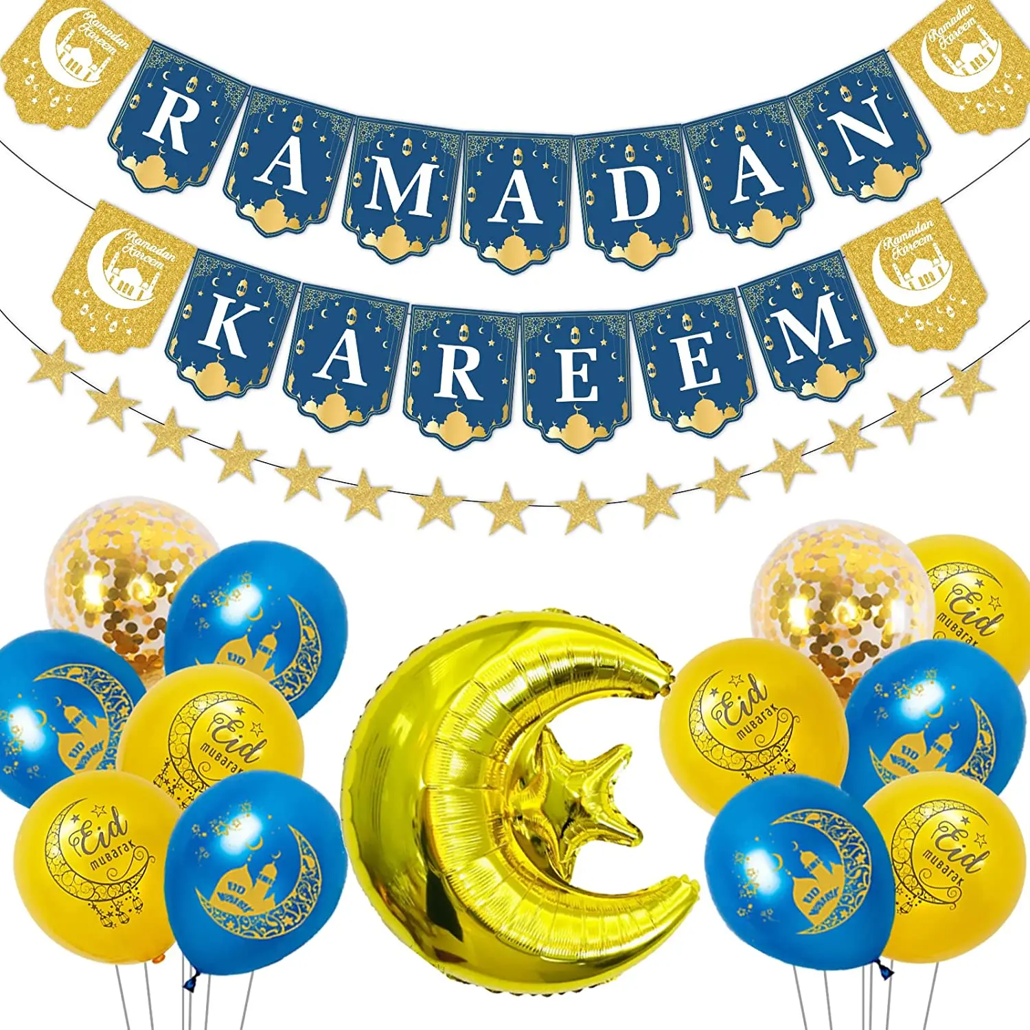 

Ramadan Kareem Decorations with Ramadan Kareem Banner Star Moon Eid Mubarak Balloon Star Streamers for Eid Al-Fitr Home Decor