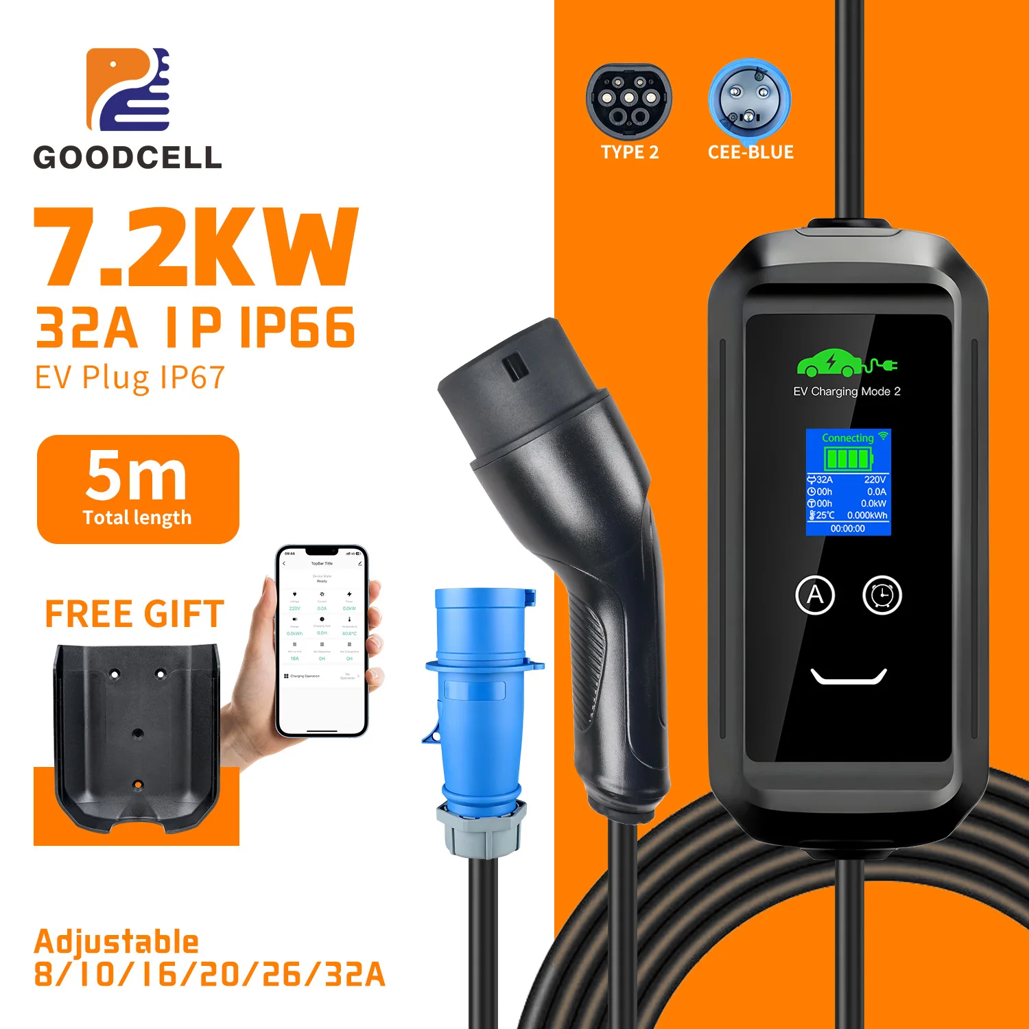 

GOODCELL 32A 1P 7,2KW APP Type2 Зарядное устройство для электромобилей WIFI Bluetooth Поддержка вилки европейского стандарта для управления задержкой домашней зарядки через телефон IP66