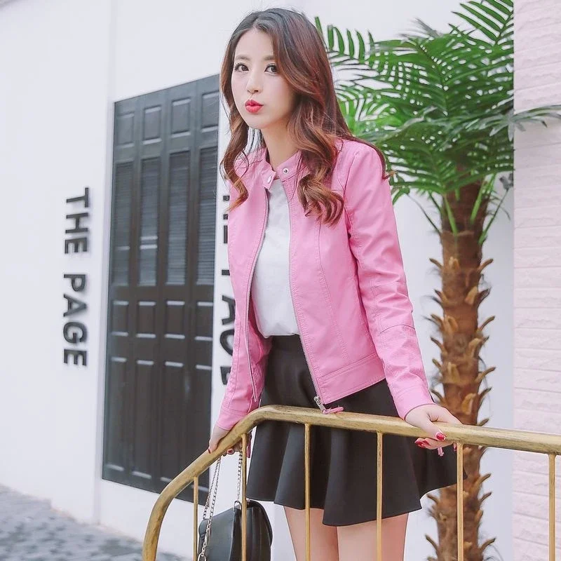 Girl Cute Pink Faux Leather Jacket Oversized Long Sleeve Zip Up PU Jacket Ladies Slim Streetwear Motorcycle Biker Coats Female