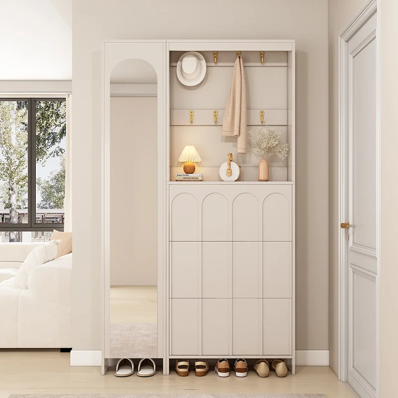 

Cream wind enters the door, shoe cabinet, clothes rack, integrated ultra-thin household door narrow entrance cabinet