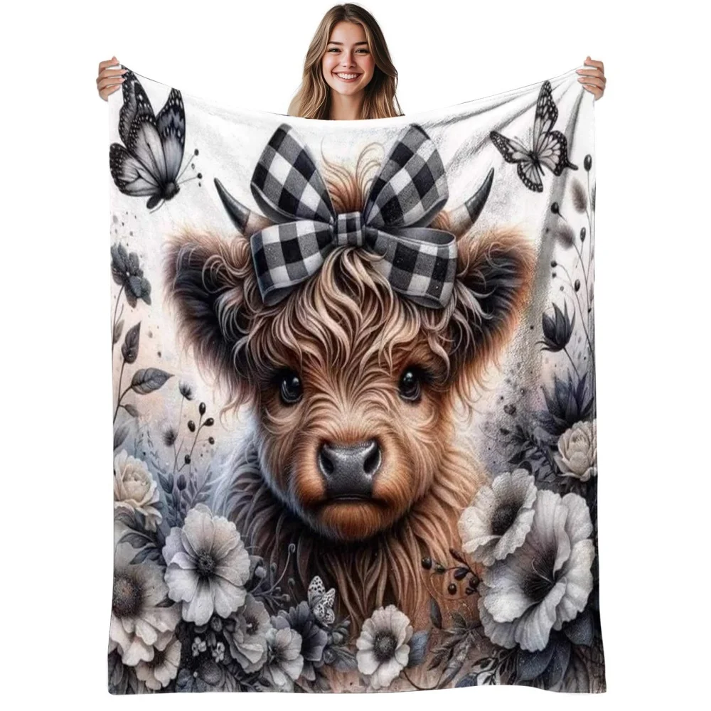 Highland Cow Print Throw Blanket Floral Butterfly Plaid Bow Pattern Soft Warm Decorative Blanket for Sofa Bed Farmhouse Home