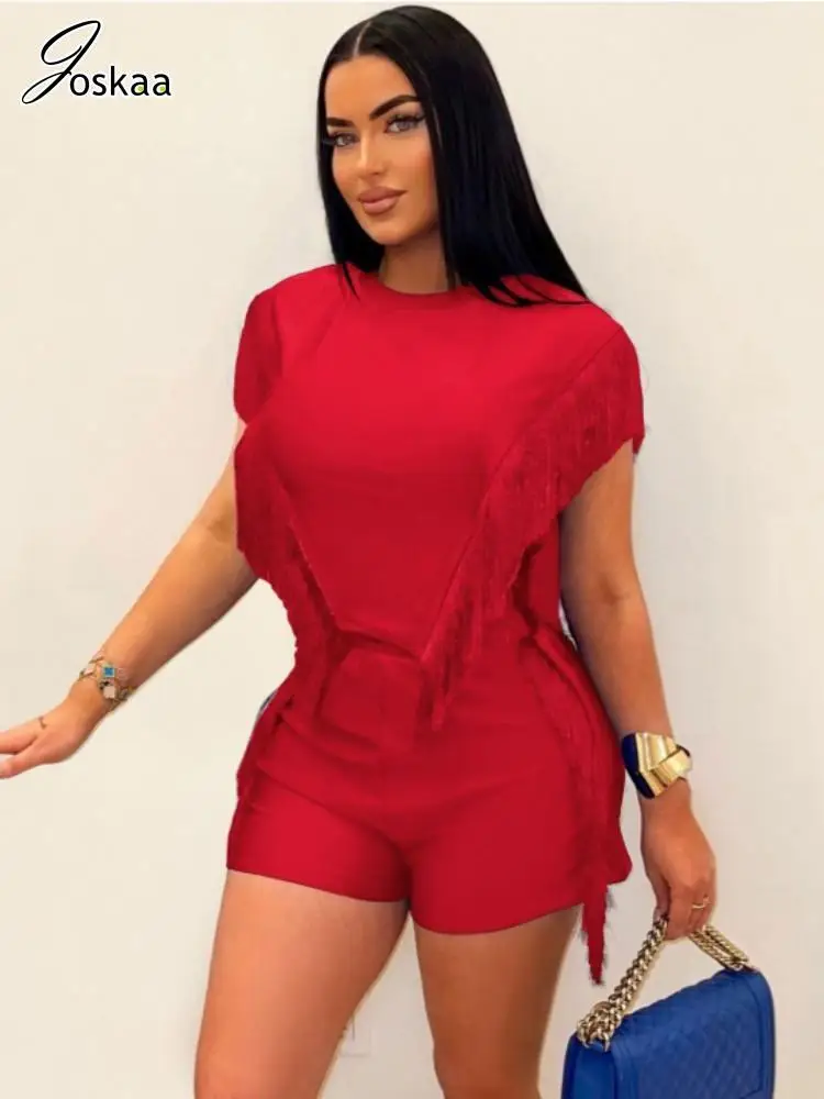 

Joskaa 2025 Summer Women's Tassel Two Piece Set Sexy Asymmetric Crop Tank Top + Shorts Matching Tracksuits Holiday Beach Outfits